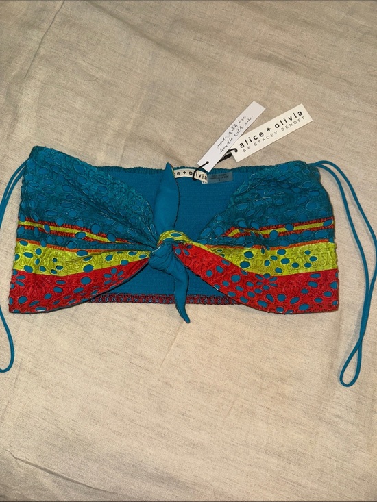 Alice + Olivia Tops - Alice + Olivia Teal Bandeau Top with Red and Lime Eyelet Panels